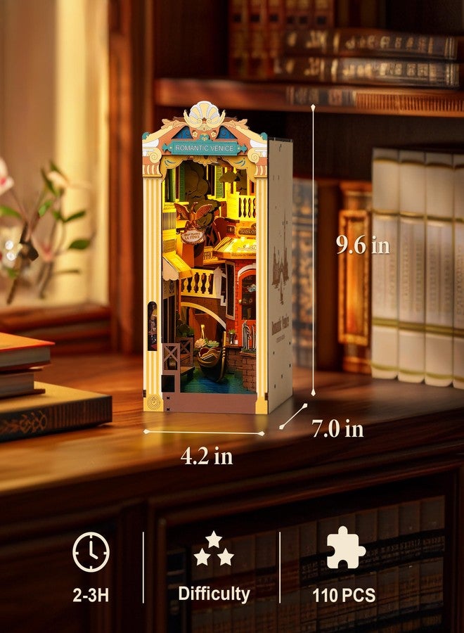 ROBOTIME Book Nook Kit with Dust Cover DIY Miniature House with LED 3D Wooden Puzzle Booknook Bookshelf Insert Decor Bookend Model Craft Hobby Gift for Teens and Adults (Romantic Venice) - Image 5